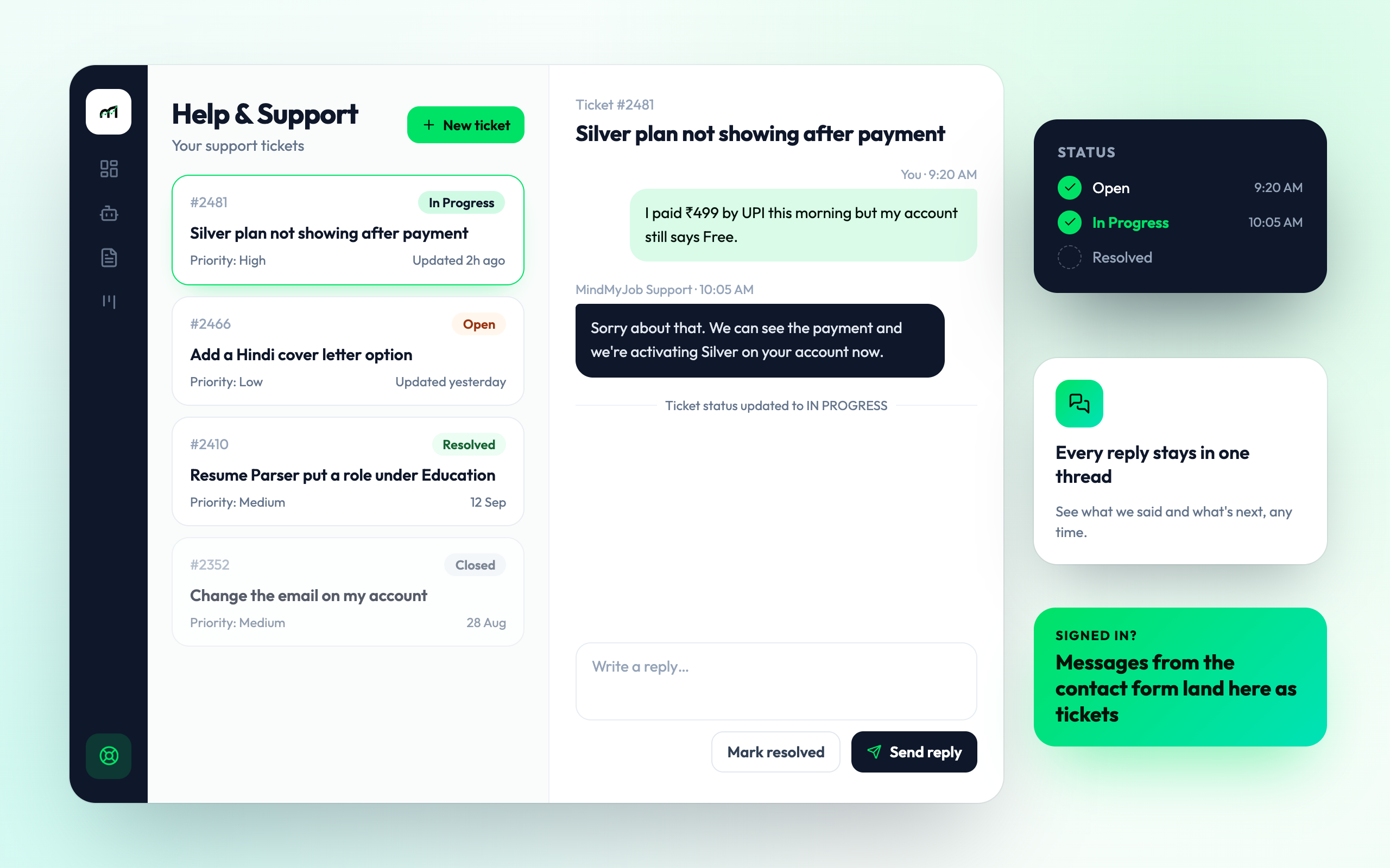 Help & Support in MindMyJob with a list of tickets, their status and a reply thread