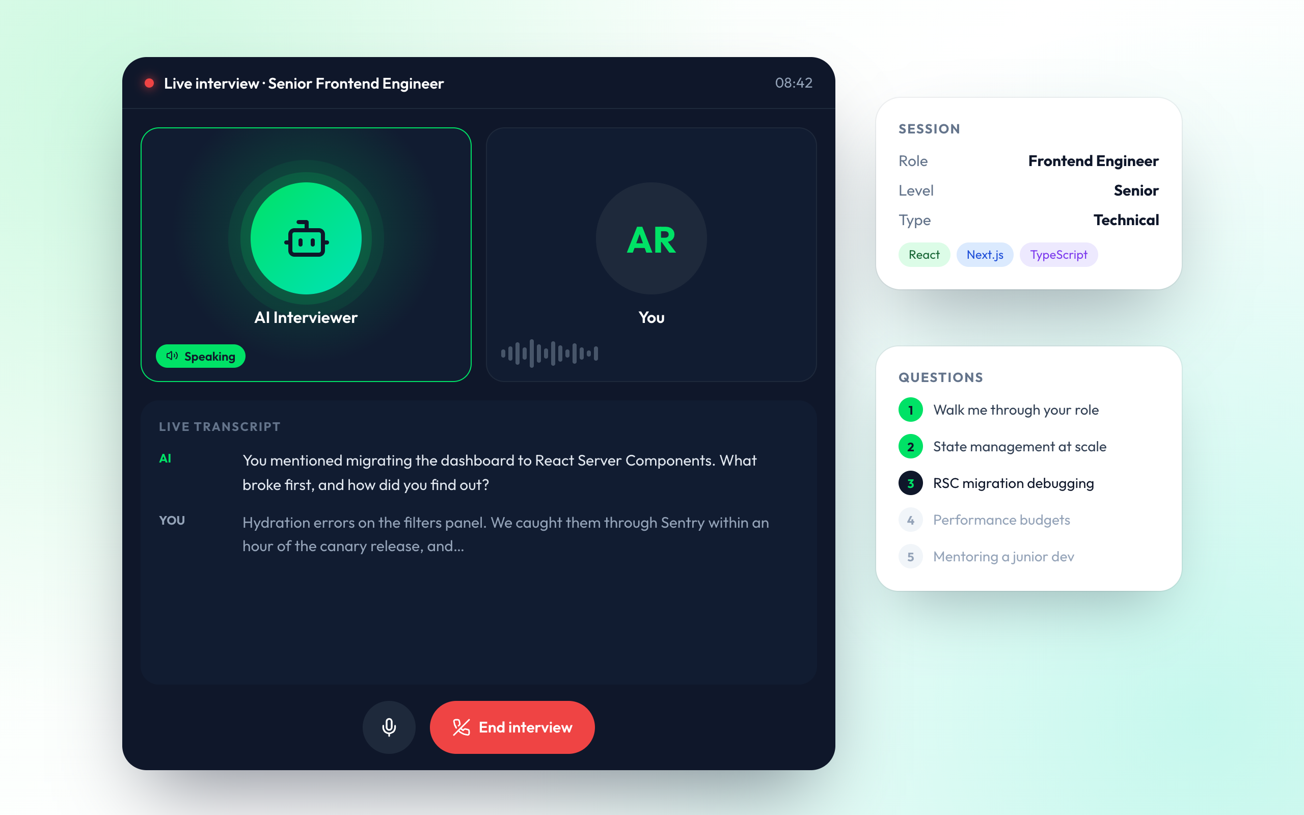 Live AI mock interview with scored feedback