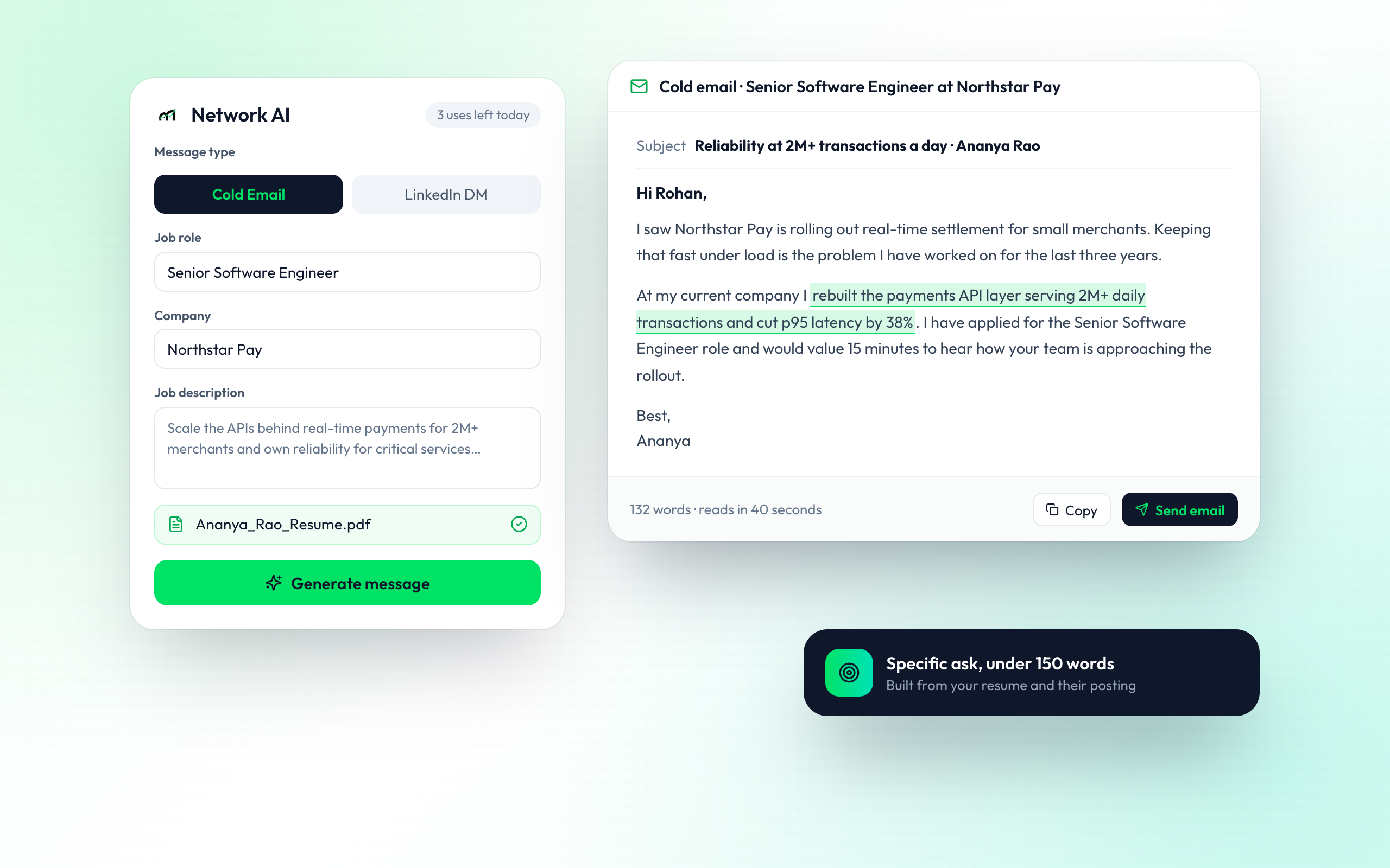 Drafted outreach email to a hiring manager