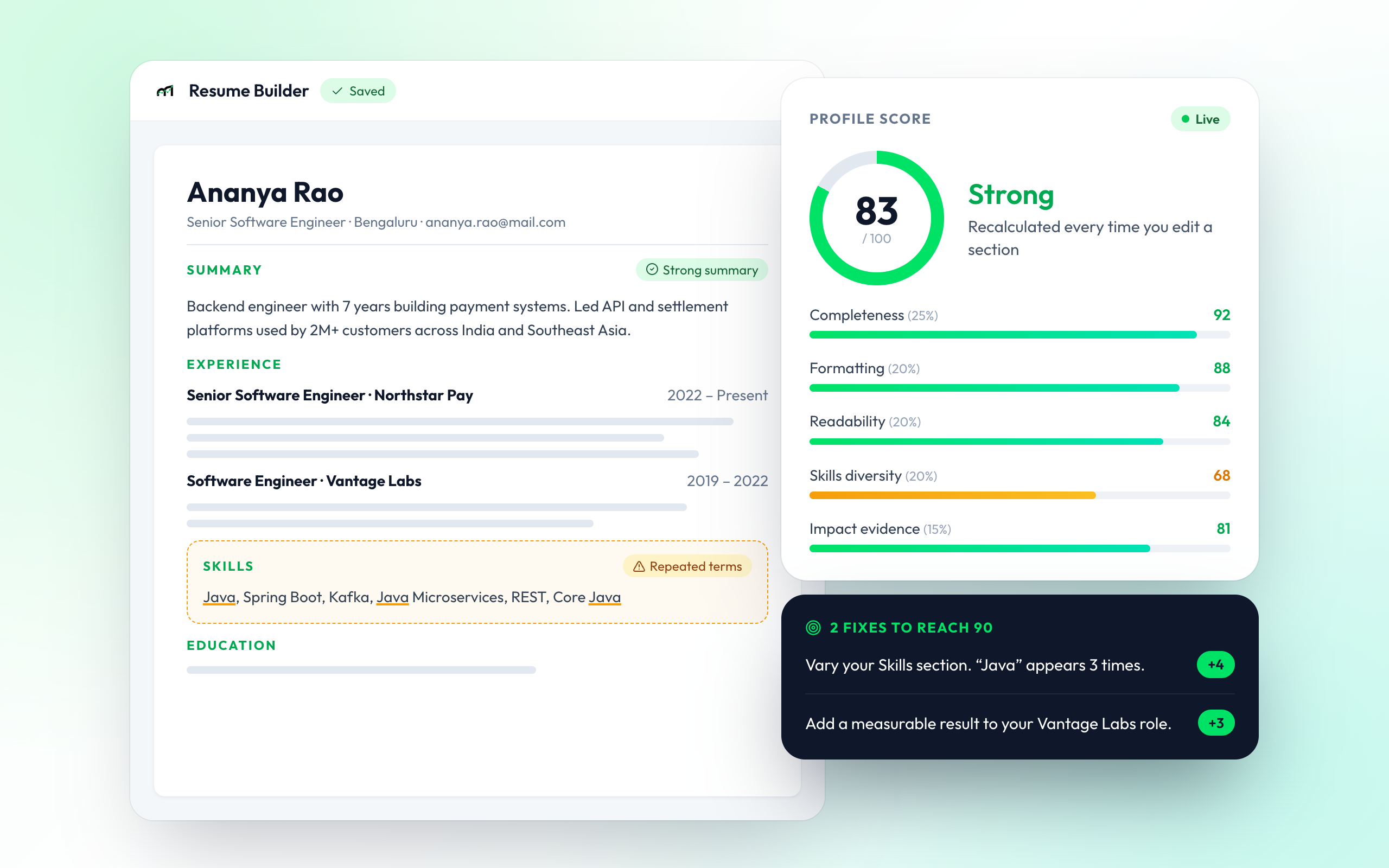 ATS score and keyword fixes in the Smart Resume Builder